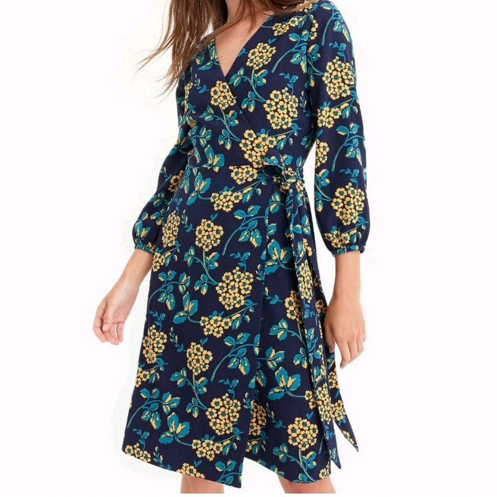 JCrew Women's Golden Floral Wrap Dress in 365 Crepe Size 4 Navy